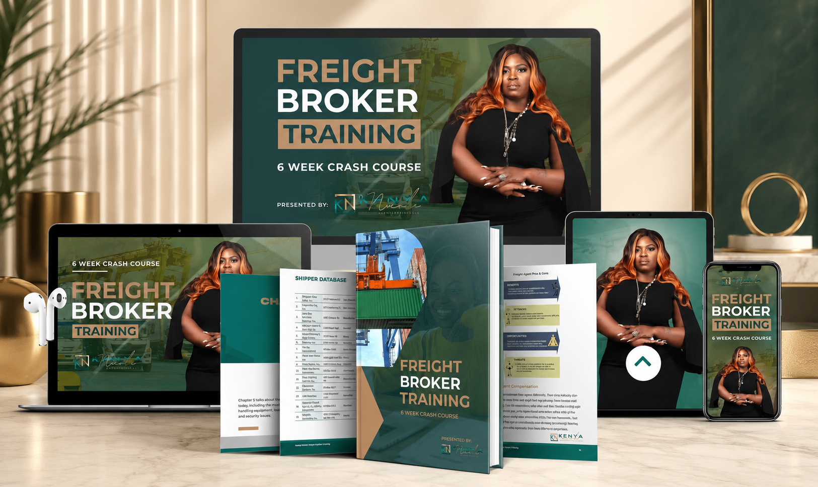 Freight Broker Training, 6 Week Crash Course, presented by Kenya Nicole, shown across laptop, tablet, workbook, and mobile.